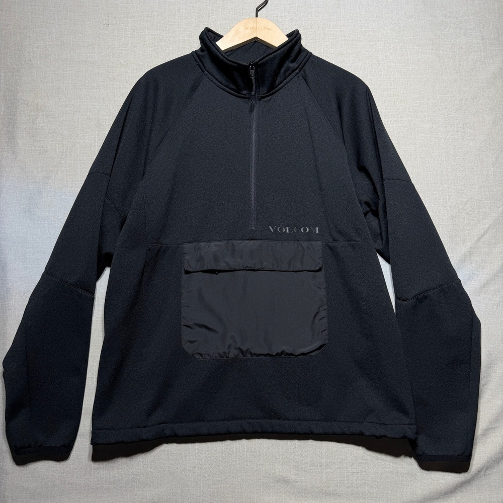 Volcom Tech Fleece Pullover Mens Large Black LS G4152400 1/4 Zip Pouch Pocket